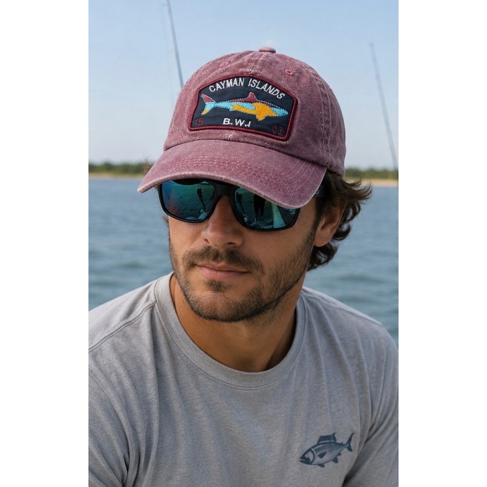 DK Caps‎ Cayman Islands Shark B.W.I. Maroon Acid Wash Adjustable Baseball Hat